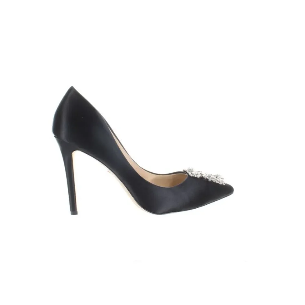 Badgley Mischka Black Satin Pointed-Toe Crystal Embellished Pumps